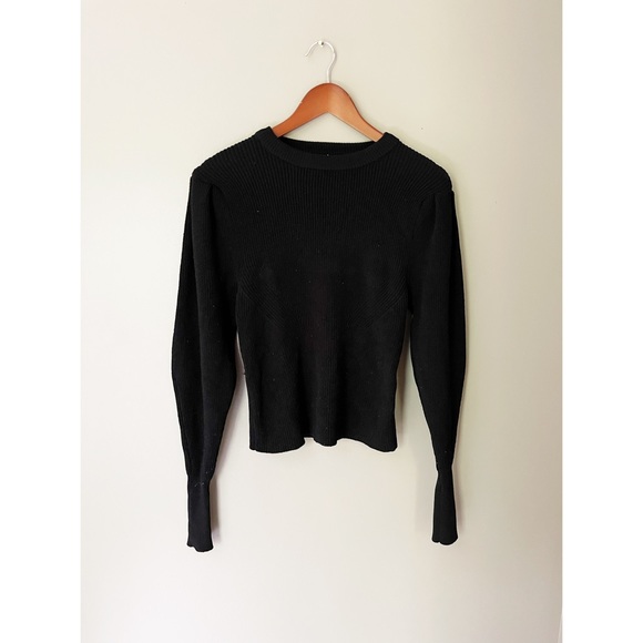 Zara Balloon Sleeve Ribbed Knit Jumper Sweater Black Long Sleeve Crew Medium - Picture 2 of 3
